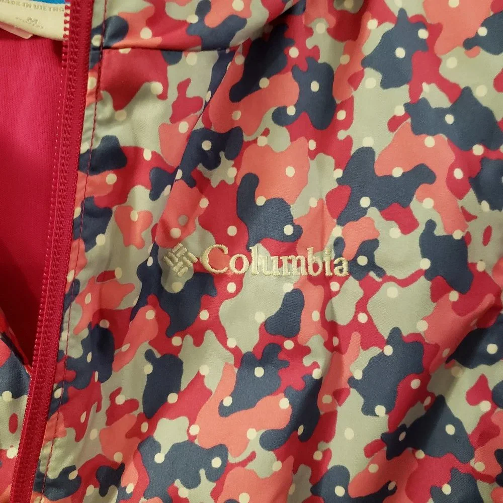 Columbia Girl's Pink Blue Grey Camo Print White Polka Dot Hooded Fleece Jacket L - Picture 9 of 12